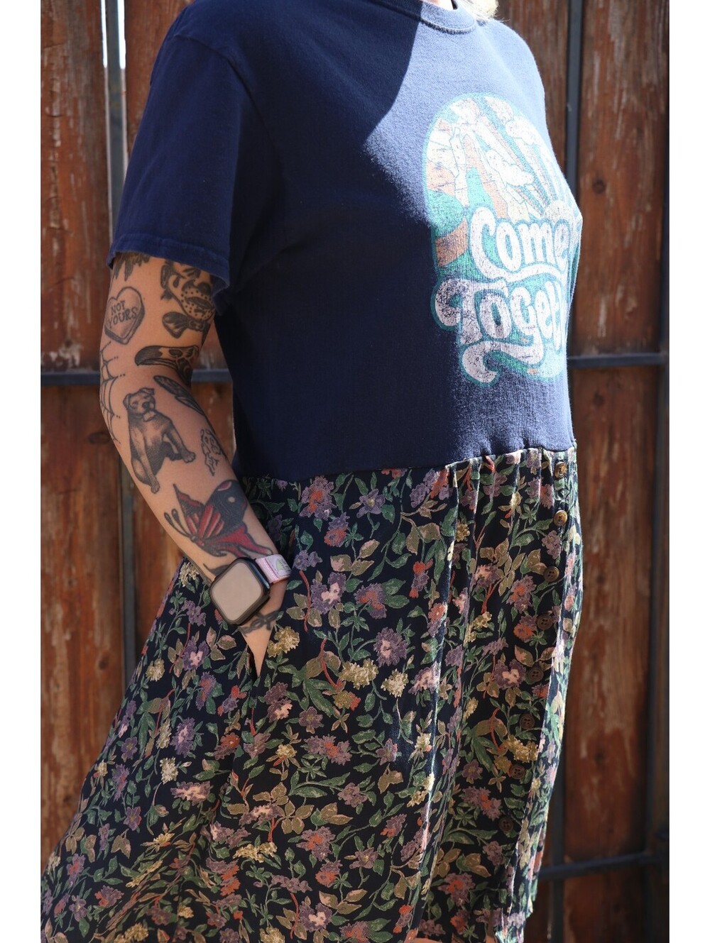 Upcycled Boho "Come Together" Dress Graphic-T Floral Skirt W/ Pockets
